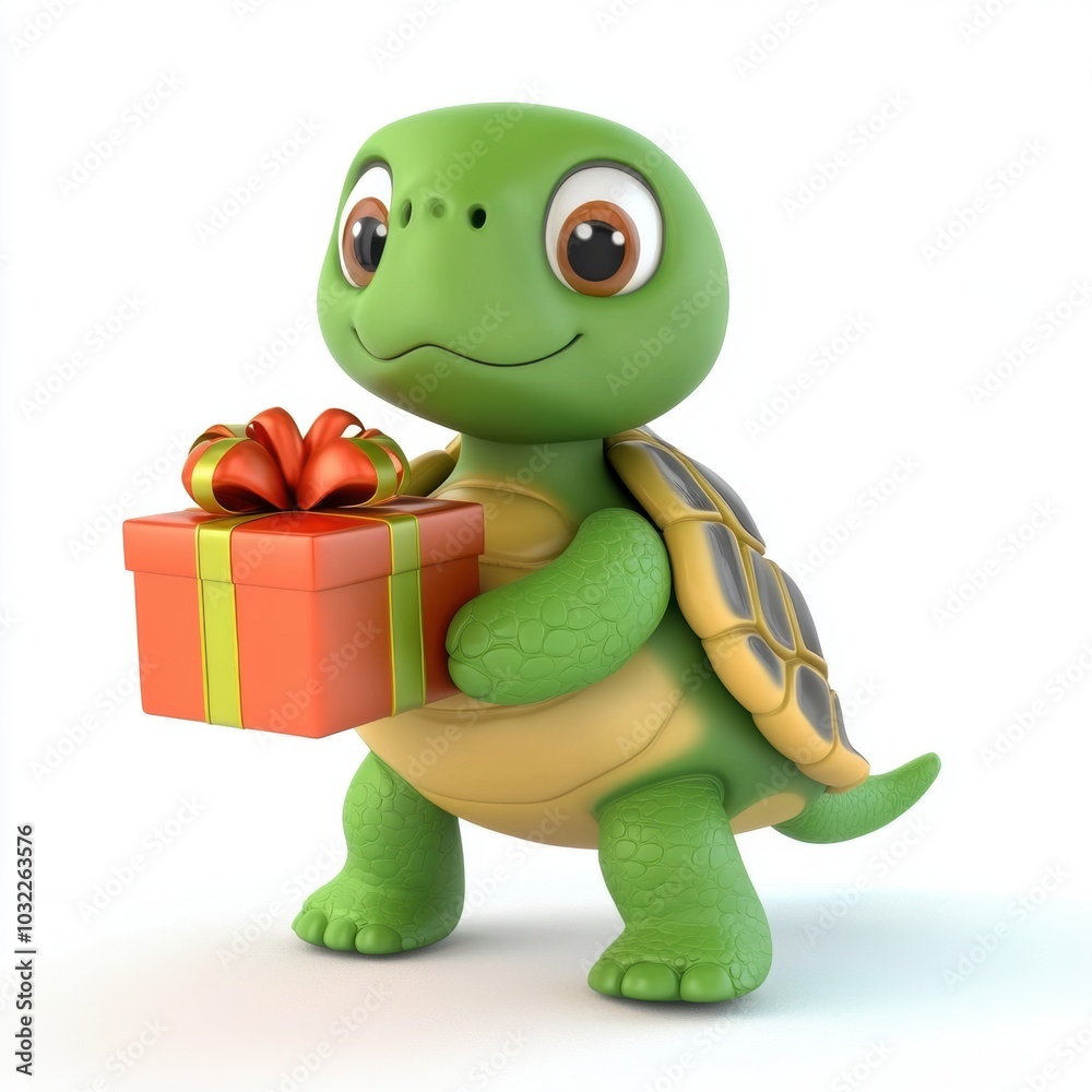 Obraz premium 3D rendering cute tortoise holding a gift box isolated over white background.