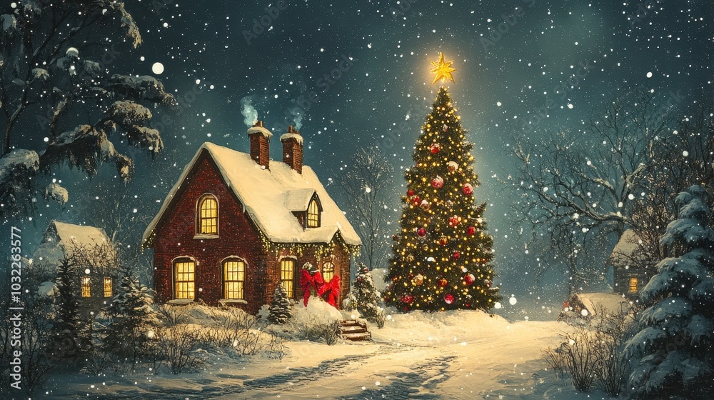 Fototapeta premium Cozy Snow-Covered Cottage with Christmas Tree and Falling Snowflakes Under a Starry Night Sky, Perfect for Holiday and Winter-Themed Designs