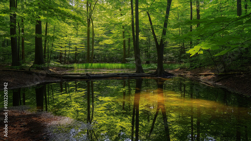 Sunlit forest pond with lush green trees reflected in water. photo