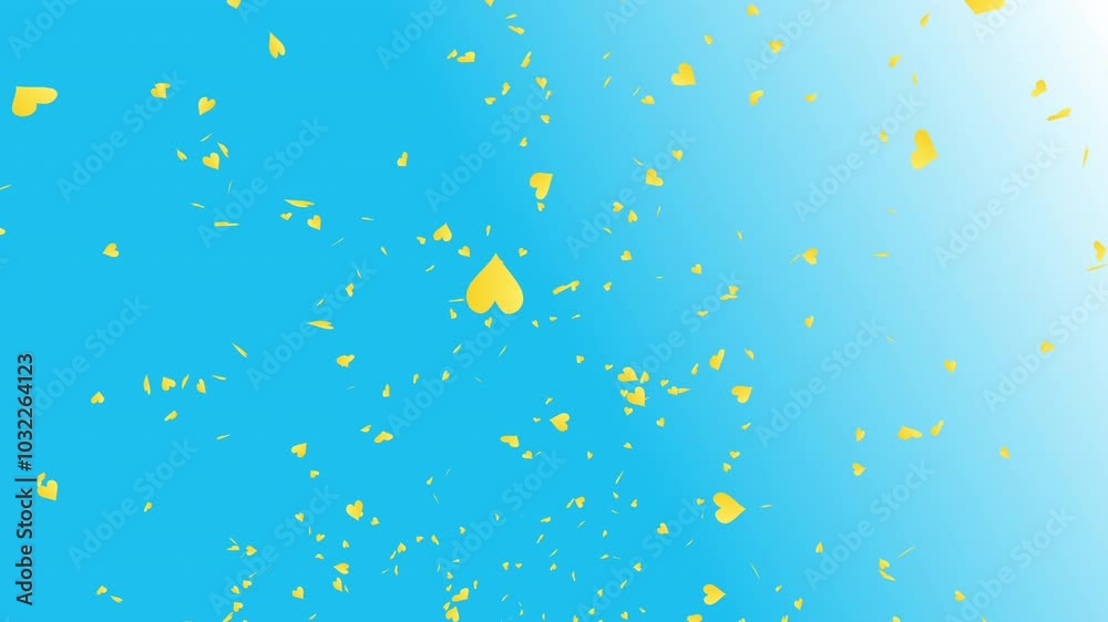 Gold heart shapes falling and flying away on blue sky background. For Happy Valentine's day and wedding ceremony. Gold heart shapes falling and flying away on blue sky background. For Happy Valentine's day and wedding ceremony.