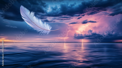 A delicate feather floats midair, with a distant lightning bolt sharply striking the horizon, creating a contrast between calm and chaos