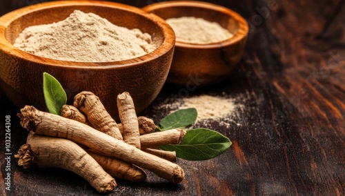 Organic ashwagandha powder in a wooden bowl with fresh roots and green leaves on a rustic wooden background. Also known as Indian Ginseng or Indian Winter cherry. 