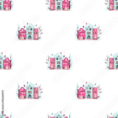 City in the snow, Christmas cottage with snow-covered trees and Christmas decorations. Cozy pattern with winter colorful houses in watercolor style on a white background.