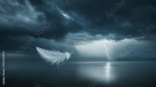 A delicate feather floats midair, with a distant lightning bolt sharply striking the horizon, creating a contrast between calm and chaos