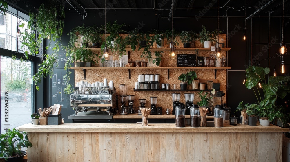 A sustainable coffee shop using only compostable cups, wooden stirrers, and zero-waste packaging for baked goods, with an eco-friendly interior A sustainable coffee shop using only compostable cups, wooden stirrers, and zero-waste packaging for baked goods, with an eco-friendly interior