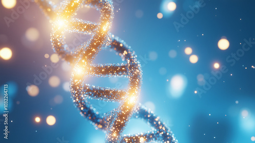 Glowing DNA Double Helix with Light Bokeh and Floating Particles on Blue Background A detailed visual representation of a DNA double helix in vibrant blue hues, surrounded by light