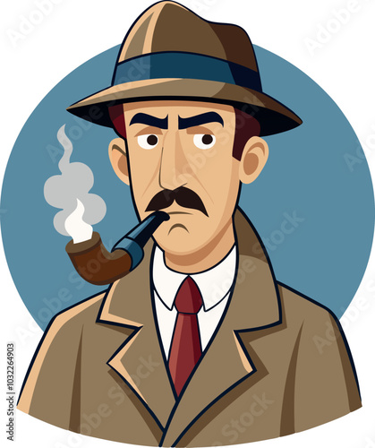 Serious detective character smoking pipe and wearing hat