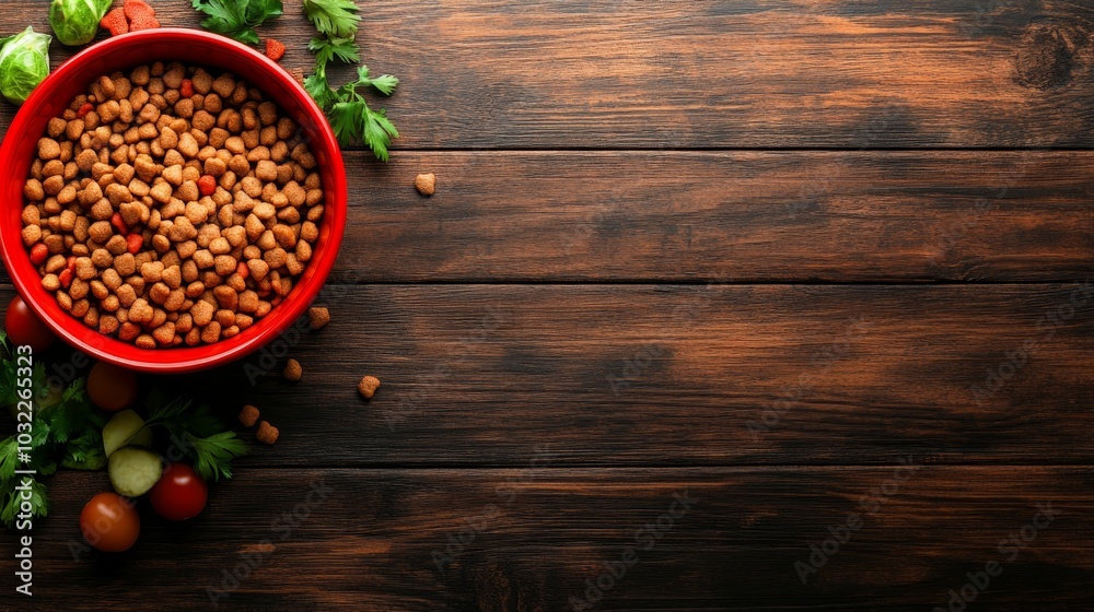 A vibrant bowl of mixed kibble and wet food, scattered with fresh vegetables and meat, photorealistic, soft lighting, high detail, rustic wooden table background A vibrant bowl of mixed kibble and wet food, scattered with fresh vegetables and meat, photorealistic, soft lighting, high detail, rustic wooden table background