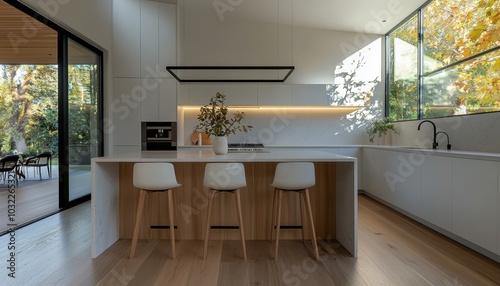 A contemporary kitchen showcasing light wood accents, sleek design, and an abundance of natural light, perfect for modern living and entertaining spaces.