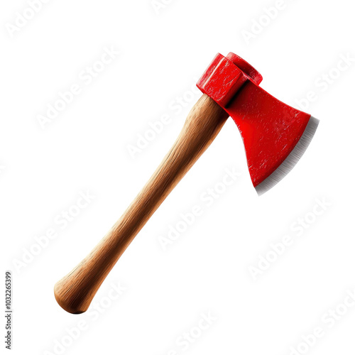 Red axe with a wooden handle on a white isolated background, transparent background