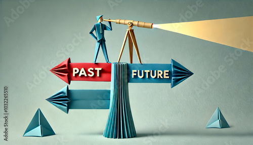 Origami Style Illustration of Person Looking Ahead with Telescope on Signpost Indicating 'Past' and 'Future', Professional Paper Art Design with Muted Colors and Light Green Background