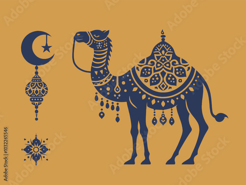 Moroccan Arabic pattern set. Camel, moon and star, lantern and flower. flat vector illustration. Yellow and blue