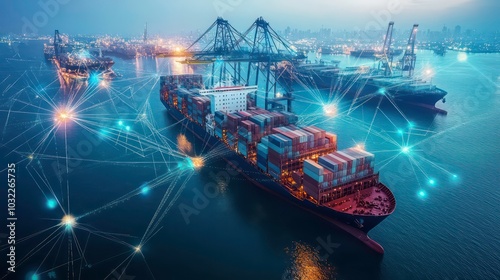 Aerial view of cargo ships at a busy port with a network of glowing lines connecting them, representing global trade and shipping.