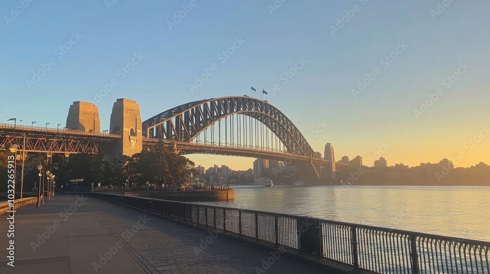 Naklejka premium Sunrise Over Sydney Harbour Bridge and Waterway