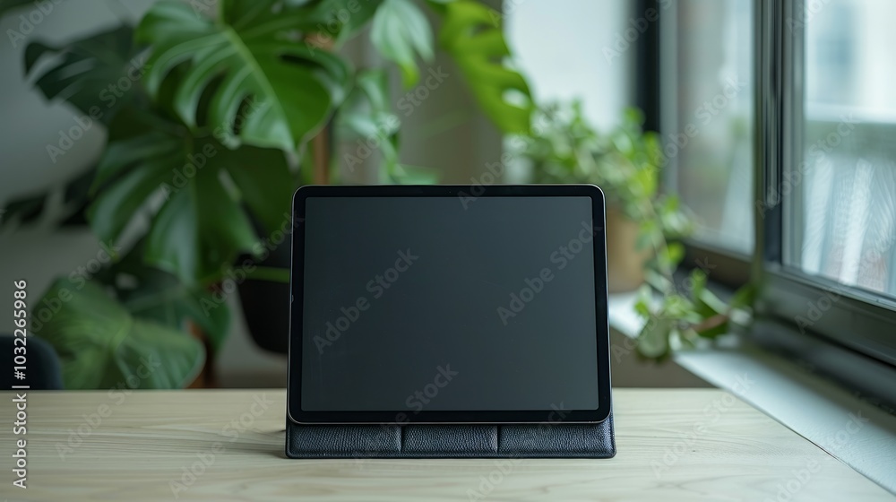 A black tablet computer with a blank screen sits on a wooden desk in front of a window with plants visible outside.