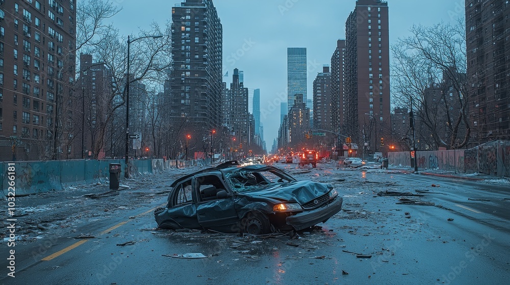 Obraz premium Aftermath of a major car crash, vehicle overturned on a deserted city street, headlights still flickering, with distant skyscrapers towering over