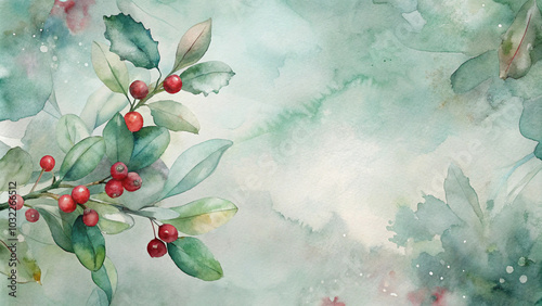 Botanical watercolor composition with holly leaves and red berries on a soft background