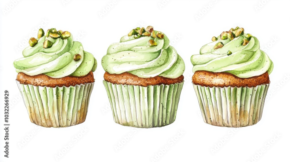 Delicious green cupcakes with creamy frosting and pistachio topping, perfect for any dessert lover's collection.