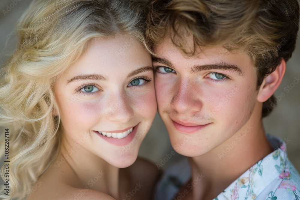 Smiling young couple with bright eyes, natural light portrait, joyful connection. Smiling young couple with bright eyes, natural light portrait, joyful connection.