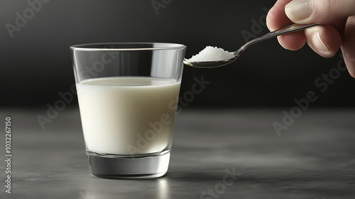 Milk in a glass and sugar in a spoon clean and minim