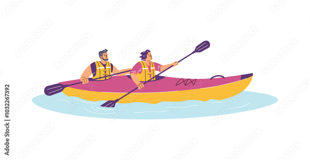 A vector illustration depicting a woman and a man kayaking, paddling through the water A vector illustration depicting a woman and a man kayaking, paddling through the water
