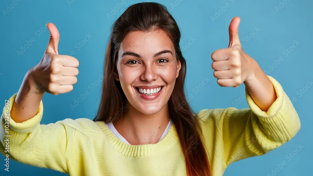 Cheerful Young Woman Giving Thumbs Up in Casual Clothing with Blue Background, Expressing Positive Emotion and Happiness, Suitable for Advertising, Web Design, and Social Media Campaigns Cheerful Young Woman Giving Thumbs Up in Casual Clothing with Blue Background, Expressing Positive Emotion and Happiness, Suitable for Advertising, Web Design, and Social Media Campaigns