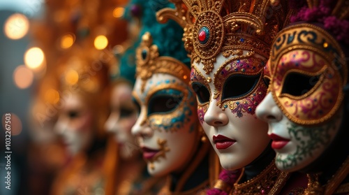 Close-up of women wearing elaborate Venetian masks.