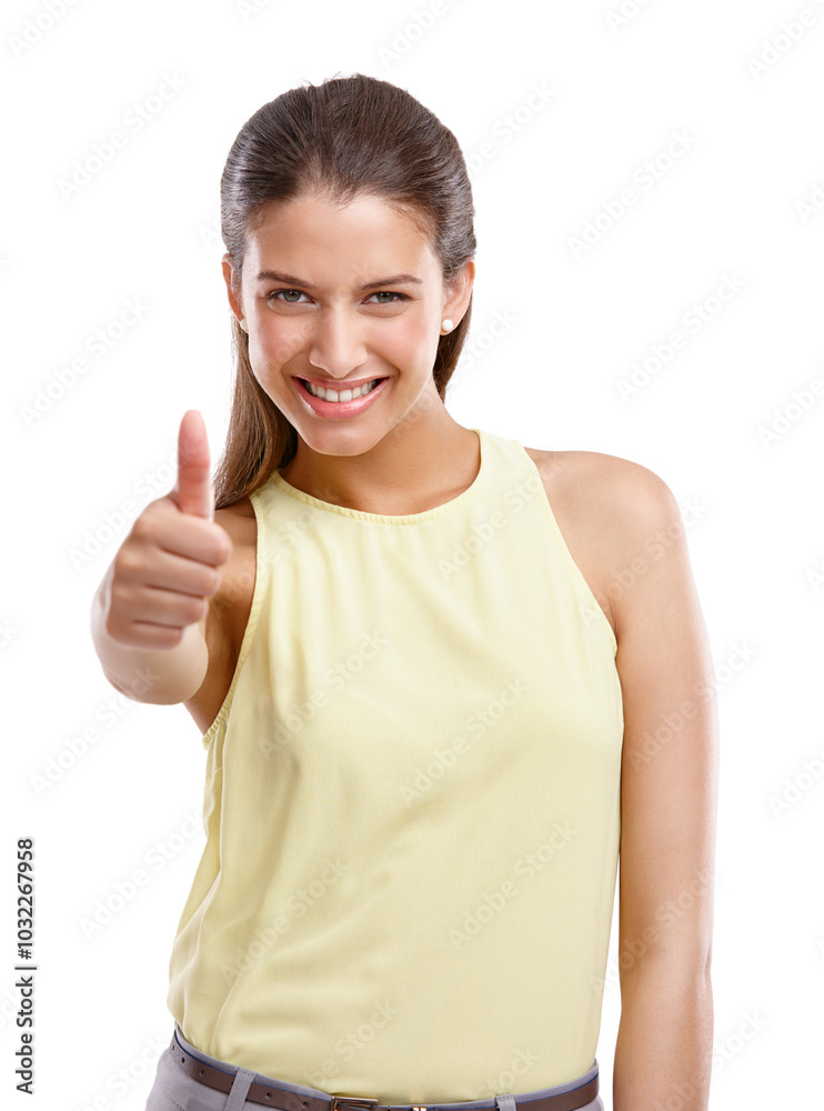 Happy woman, portrait and positive feedback with thumbs up in studio for good job on a white background. Young, female person or model with smile, like emoji or yes sign for OK, review or well done Happy woman, portrait and positive feedback with thumbs up in studio for good job on a white background. Young, female person or model with smile, like emoji or yes sign for OK, review or well done