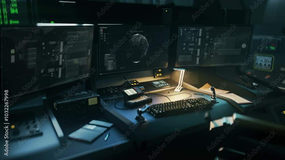 Futuristic spying system used in intelligence agency control room. Futuristic spy control software searches for the hacker ip on a digital map. Futuristic spy control tech locates the target. UI