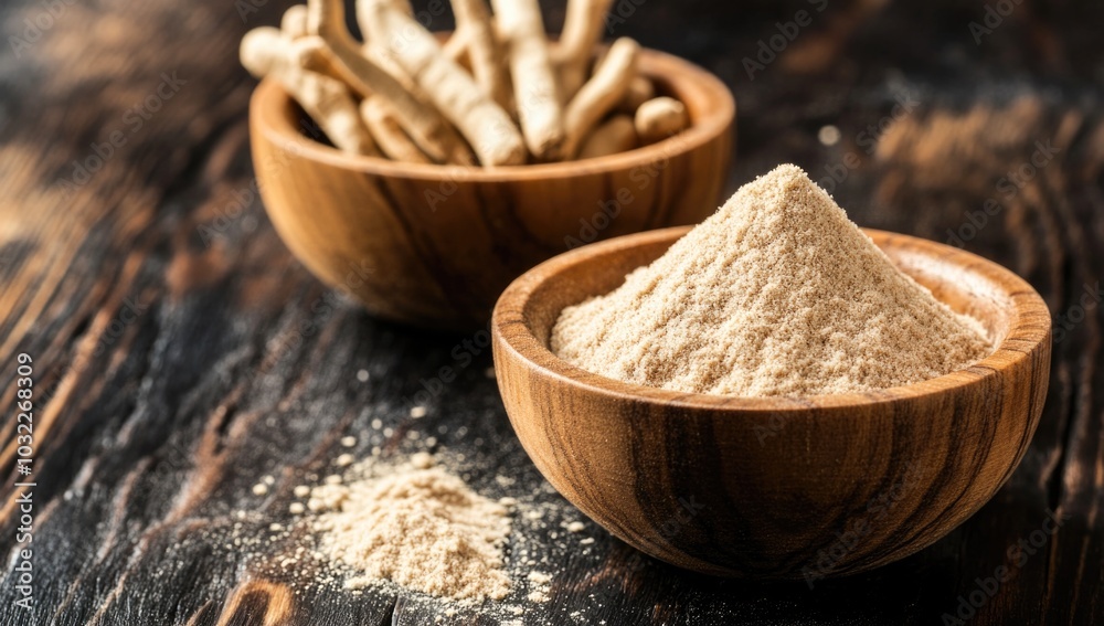 Organic ashwagandha powder in a wooden bowl with fresh roots and green leaves on a rustic wooden background. Also known as Indian Ginseng or Indian Winter cherry. 