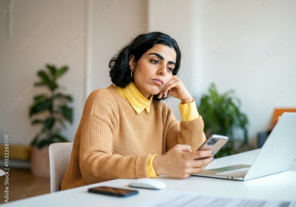 Office worker is using her smartphone and quietly quitting while sitting at her desk Office worker is using her smartphone and quietly quitting while sitting at her desk