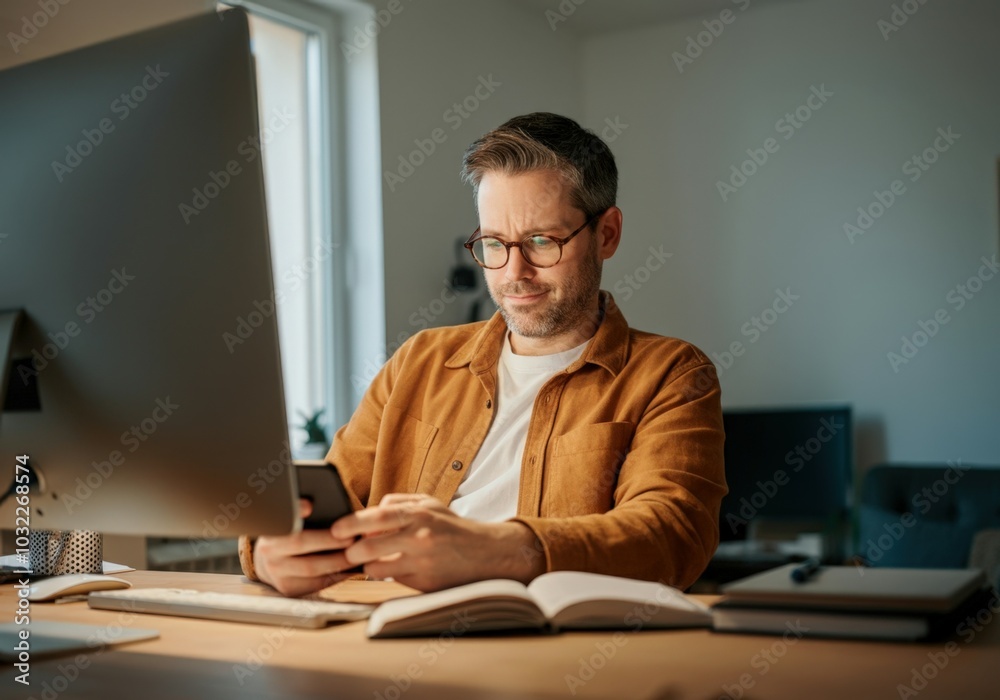 Unmotivated entrepreneur using smartphone during work at home office, quiet quitting concept Unmotivated entrepreneur using smartphone during work at home office, quiet quitting concept
