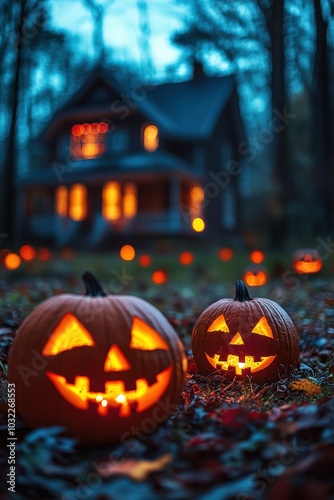 Halloween holiday carved pumpkin and decorated family home building