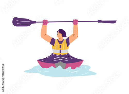 Woman sits in a kayak and holds a two-blade paddle above her head.