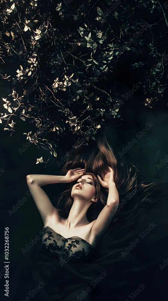A woman with long, flowing hair lays under a tree, her eyes closed and her hands behind her head. A woman with long, flowing hair lays under a tree, her eyes closed and her hands behind her head.