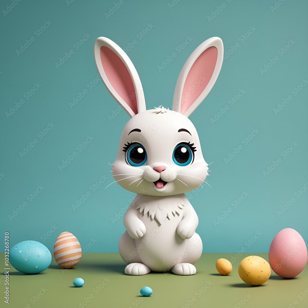 Fototapeta premium Cute Easter bunny with colorful eggs, cheerful expression, pastel colors, festive decoration