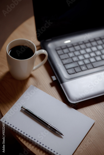 Writer's high: laptop, blank page and aromatic coffee. Coffee creative: ideas on a blank sheet with a coffee drink. Business in every shade: professional elegance in every frame.