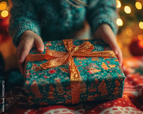 A person holding a beautifully wrapped Christmas gift with a festive background. photo