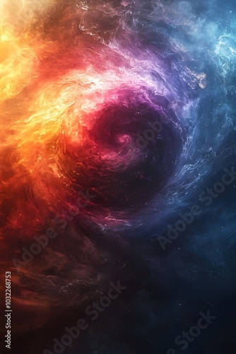 Abstract swirling nebula in shades of red, blue, and purple with a dark center.