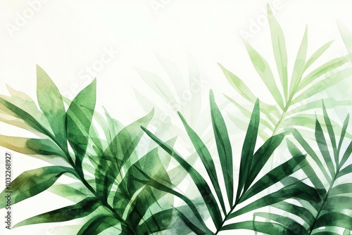 Green and yellow watercolor palm leaves creating a gradient on white background