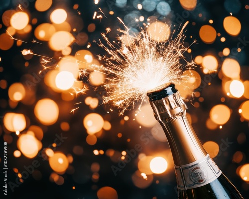 Champagne bottle popping with sparkling spray on a festive background. photo