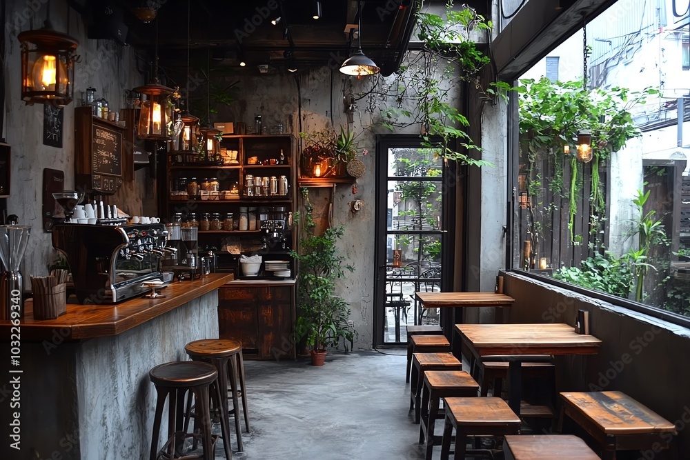 A rustic cafe interior with exposed brick walls, wooden tables and chairs, and a bar with a coffee machine. A rustic cafe interior with exposed brick walls, wooden tables and chairs, and a bar with a coffee machine.