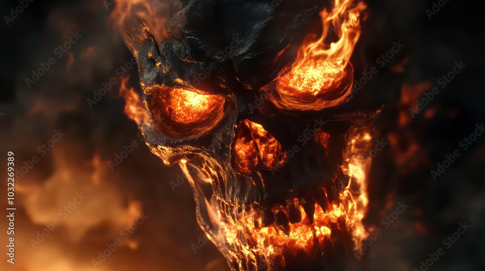 A skull engulfed in flames with glowing orange eyes. A skull engulfed in flames with glowing orange eyes.