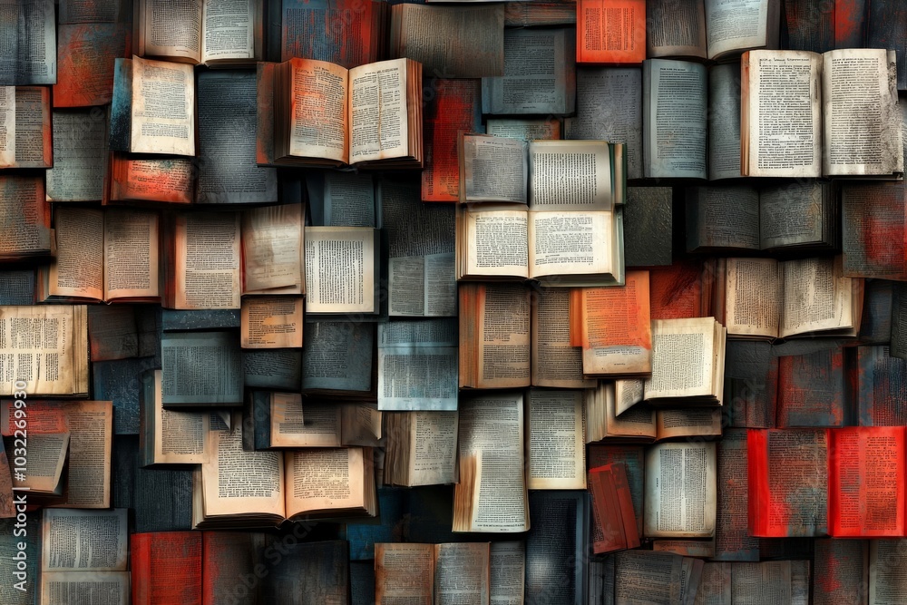 A textured background of open books with visible pages in different orientations, creating an artistic pattern of overlapping text and book covers, giving a layered literary feel. A textured background of open books with visible pages in different orientations, creating an artistic pattern of overlapping text and book covers, giving a layered literary feel.