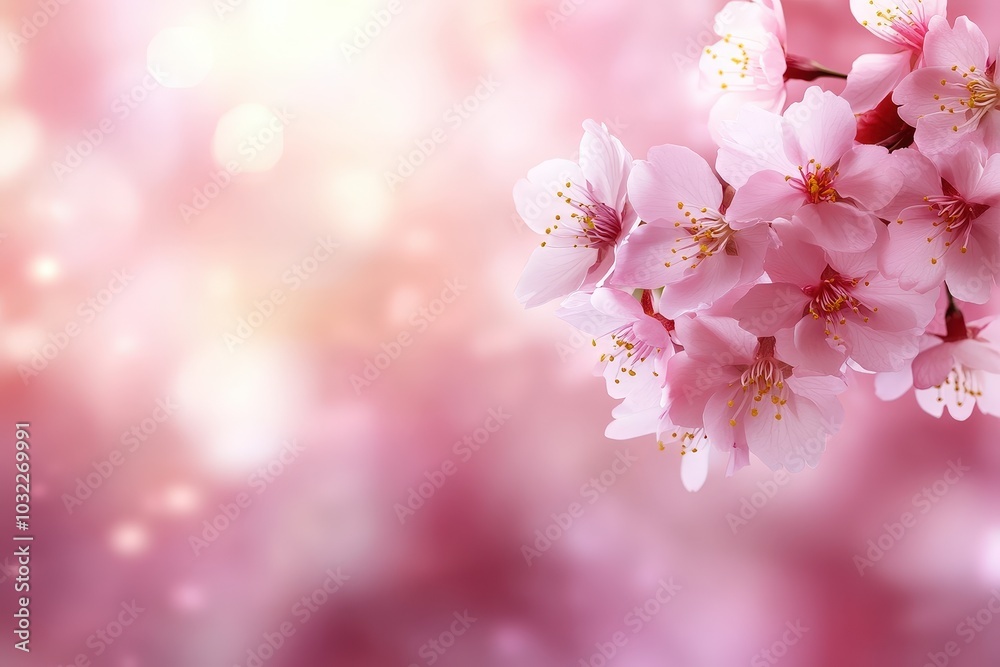 Vibrant Cherry Blossoms in Soft Pink Background