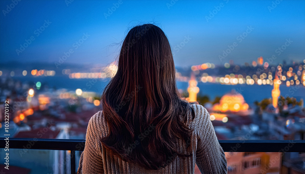 Fototapeta premium Woman watching Istanbul view from balcony at night