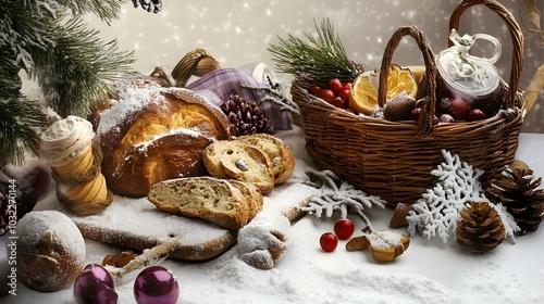 A wintery scene with a basket filled with fruit and a loaf of bread.