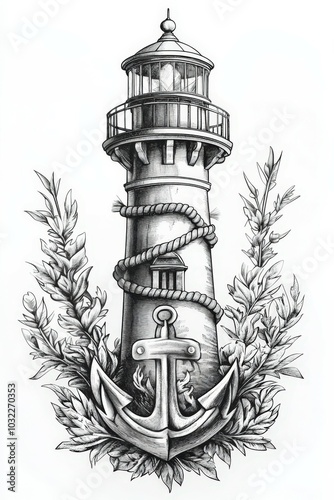 Black and white illustration of a lighthouse with an anchor in front of it, reminiscent of an engraving photo