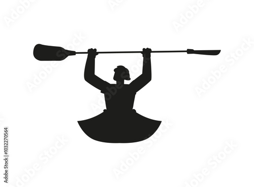 Vector illustration depicting a black silhouette of a man in a kayak holding an oar.