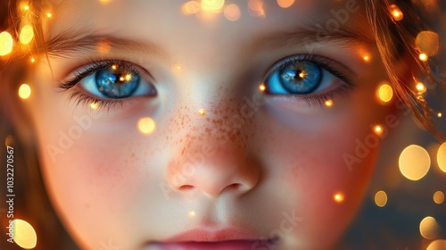 Close-up portrait of a girl with bright blue eyes and sparkly background photo